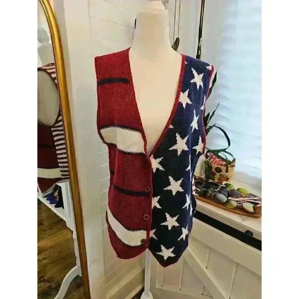 Vtg Express Tricot Women's L Red, White, and Blue Americana 4th of July Vest